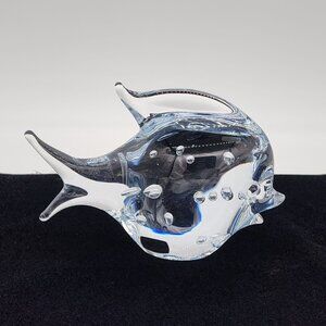 Signed Marcolin Art Glass Paperweight Crystal Fish Figure Bubbles 4.75" Tall